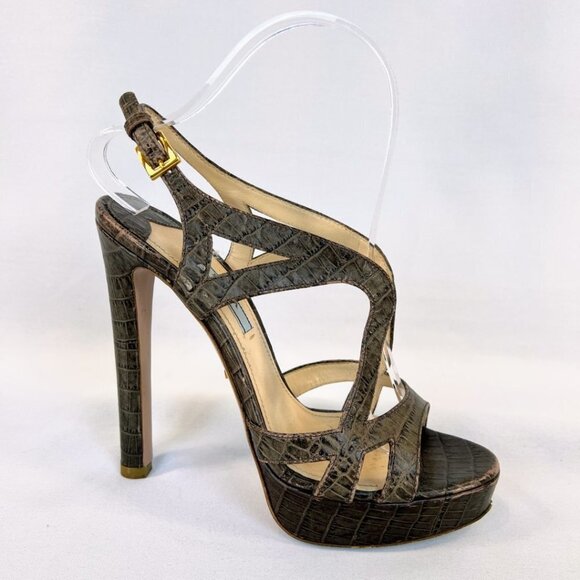 Prada Brown Embossed Leather Cut Out Platform Sandals $581 - Picture 2 of 12
